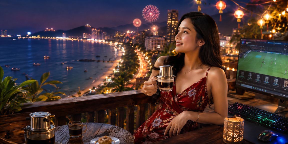 Người dùng Việt Nam ngồi tại quán cà phê Côn Đảo xem kèo esports betting trên điện thoại