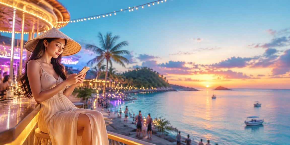 Người dùng sử dụng casino di động tại Phú Quốc với nón lá truyền thống